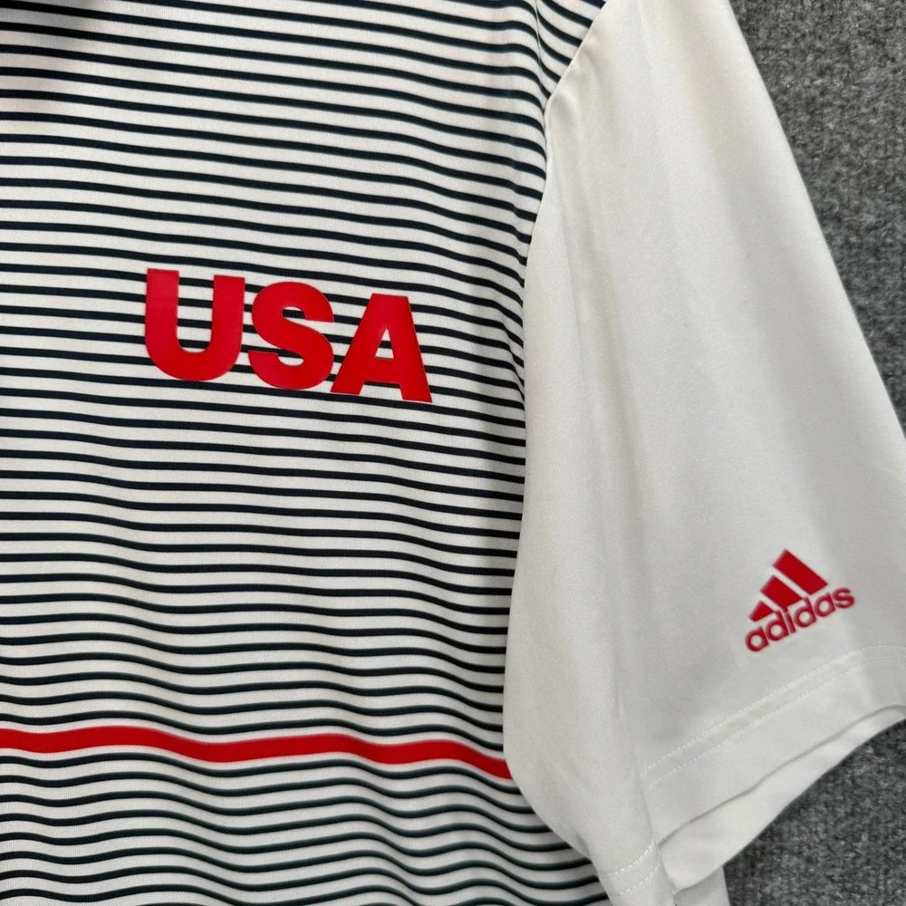 Adidas Polo Shirt Mens Large White Striped‎ USA Logo Performance Golf Activewear